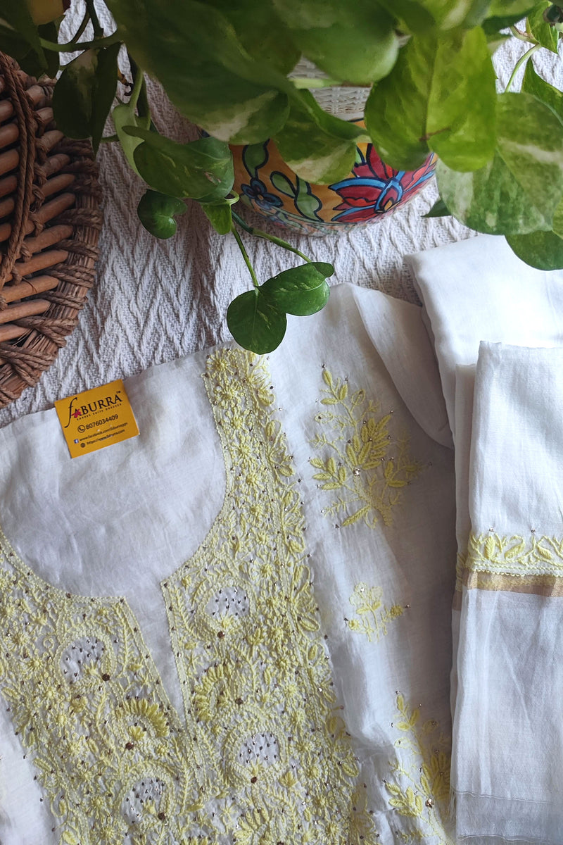 White Mul Chanderi Silk Lucknowi Kurta Suit Material with Yellow Handwork & Mukesh Work Dupatta with Cotton Bottom