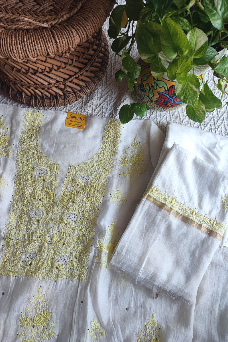 White Mul Chanderi Silk Lucknowi Kurta Suit Material with Yellow Handwork & Mukesh Work Dupatta with Cotton Bottom