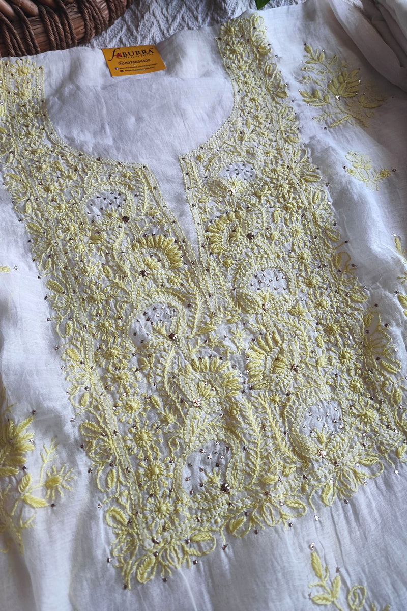 White Mul Chanderi Silk Lucknowi Kurta Suit Material with Yellow Handwork & Mukesh Work Dupatta with Cotton Bottom