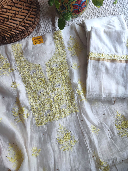 White Mul Chanderi Silk Lucknowi Kurta Suit Material with Yellow Handwork & Mukesh Work Dupatta with Cotton Bottom