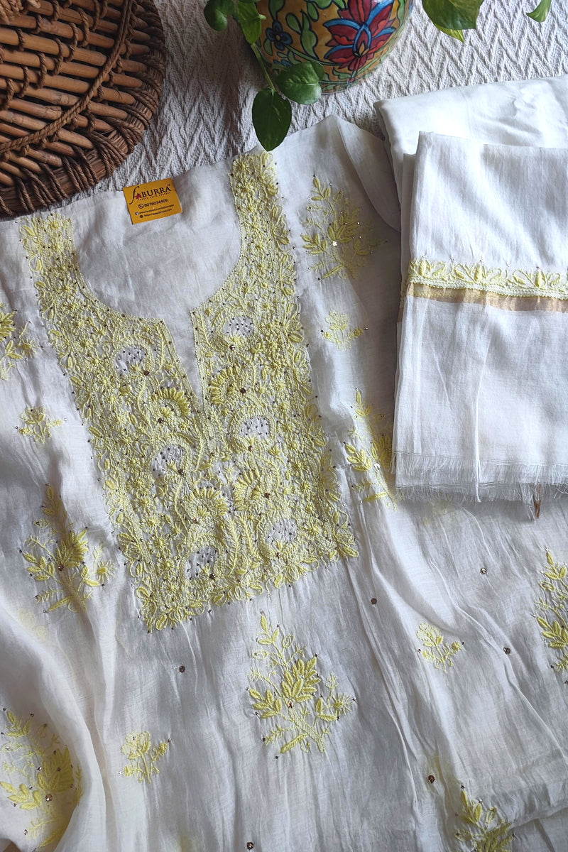 White Mul Chanderi Silk Lucknowi Kurta Suit Material with Yellow Handwork & Mukesh Work Dupatta with Cotton Bottom