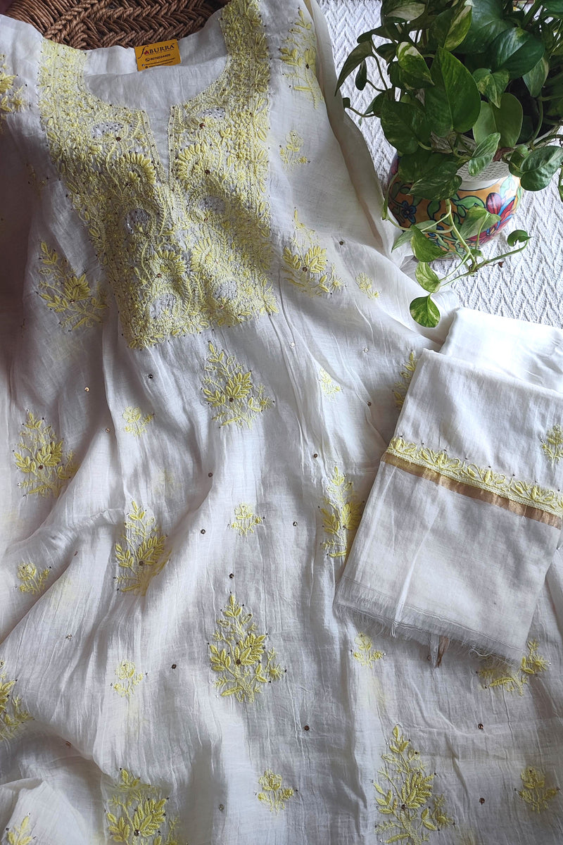White Mul Chanderi Silk Lucknowi Kurta Suit Material with Yellow Handwork & Mukesh Work Dupatta with Cotton Bottom