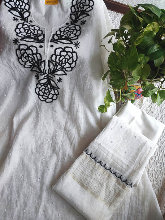 White Mul Chanderi Silk Lucknowi Kurta Suit Material with fine Pearl Work Neck, Dupatta & Cotton Bottom