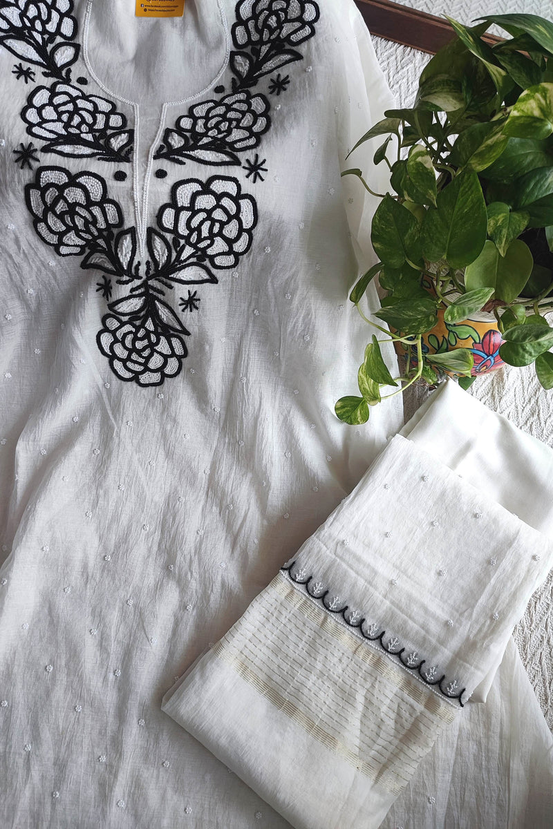 White Mul Chanderi Silk Lucknowi Kurta Suit Material with fine Pearl Work Neck, Dupatta & Cotton Bottom