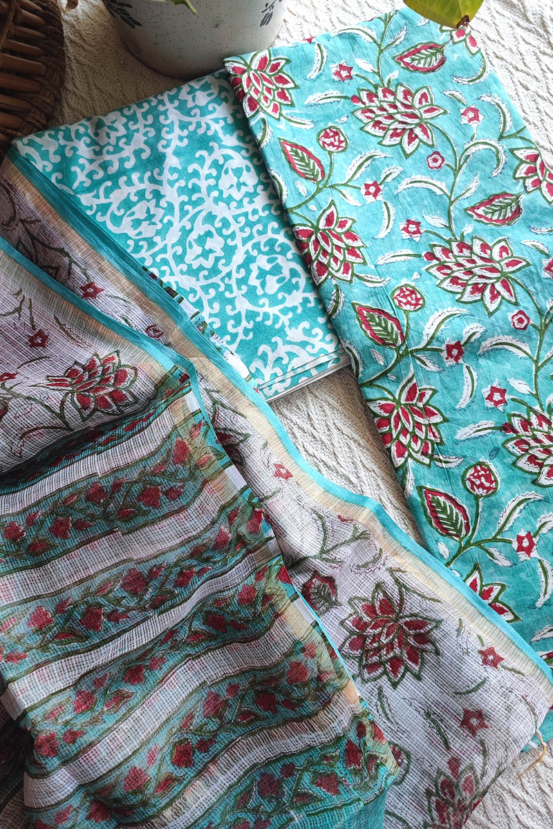 Aqua Floral Printed Cotton Suit Material with Kota Dupatta and Cotton Bottom
