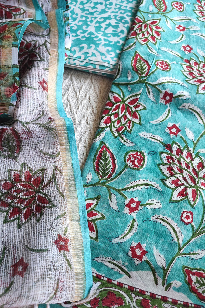 Aqua Floral Printed Cotton Suit Material with Kota Dupatta and Cotton Bottom