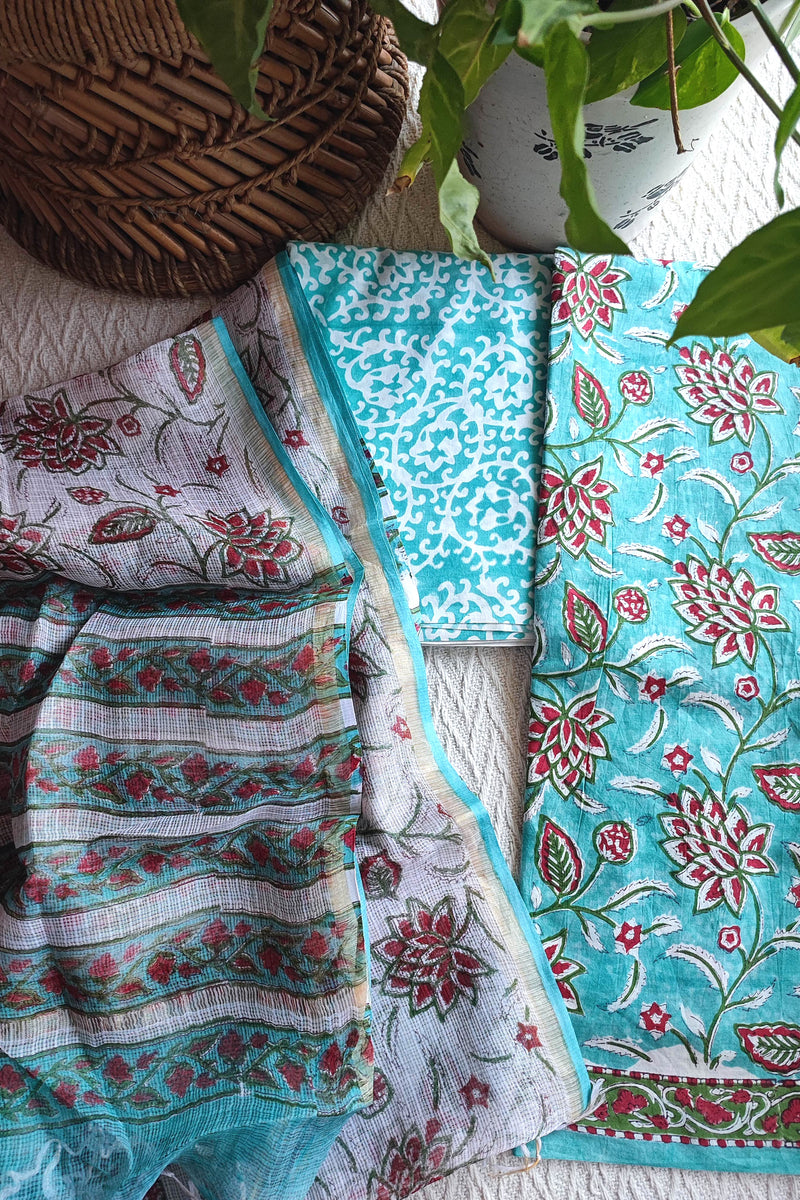 Aqua Floral Printed Cotton Suit Material with Kota Dupatta and Cotton Bottom