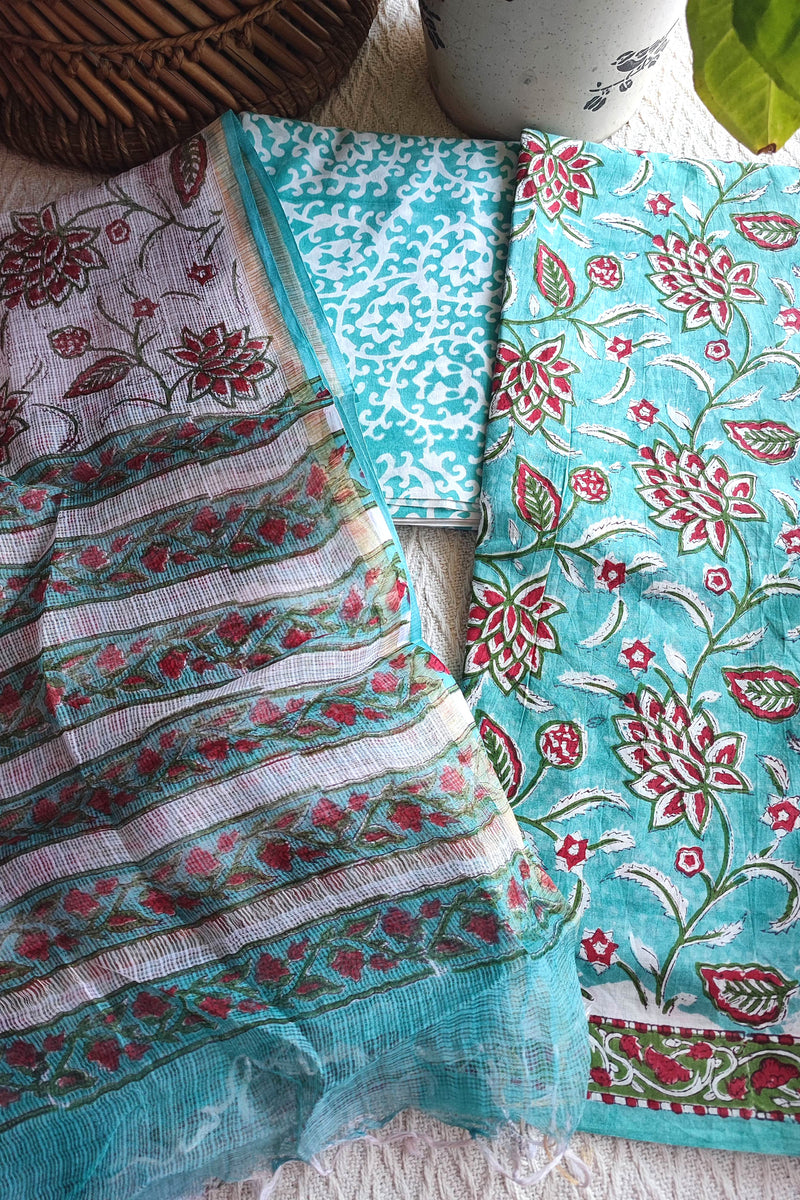 Aqua Floral Printed Cotton Suit Material with Kota Dupatta and Cotton Bottom