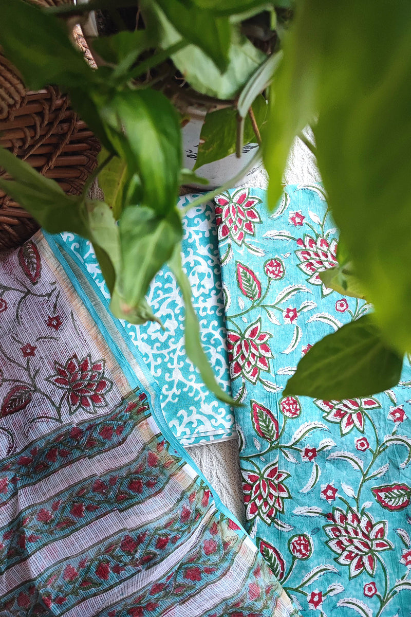 Aqua Floral Printed Cotton Suit Material with Kota Dupatta and Cotton Bottom