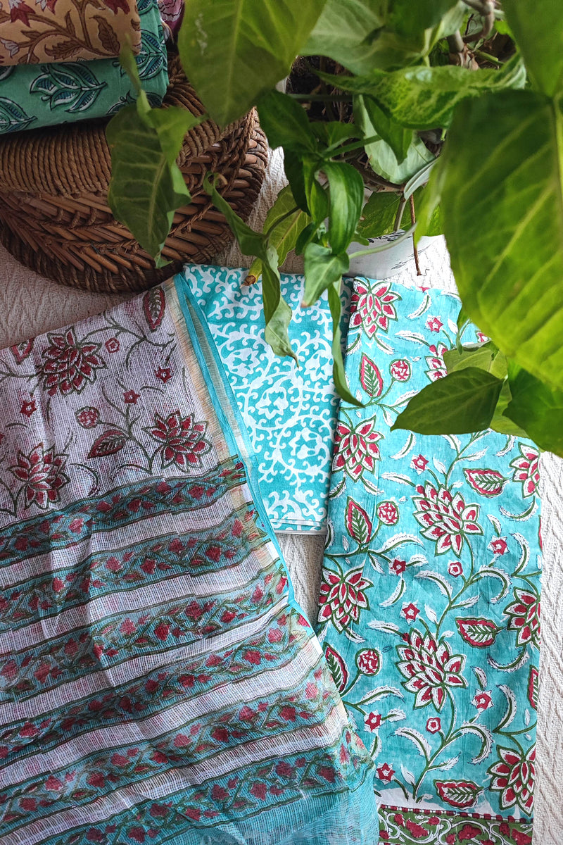 Aqua Floral Printed Cotton Suit Material with Kota Dupatta and Cotton Bottom