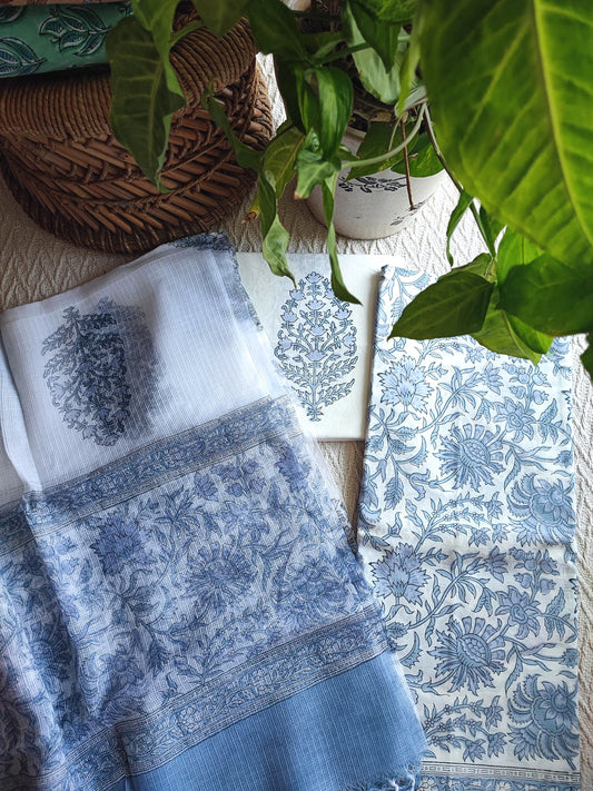 Ivory Blue Handloom Printed Cotton Suit Material with Kota Dupatta and Cotton Bottom