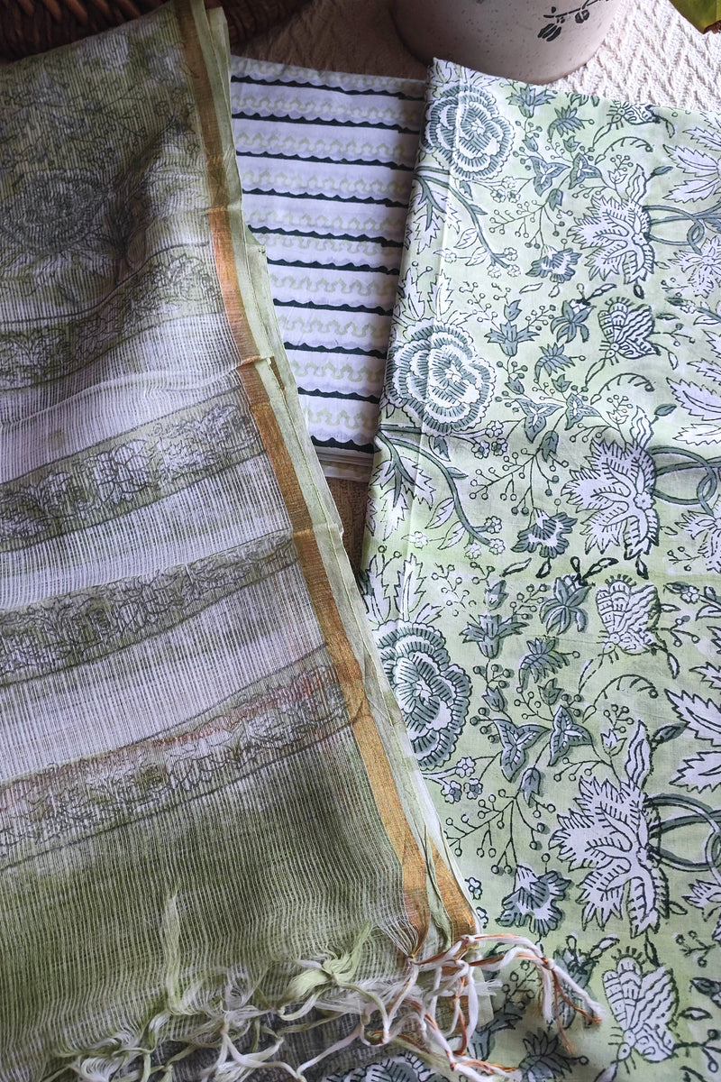 Sage Green Floral Cotton Suit Material with Kota Dupatta and Cotton Bottom