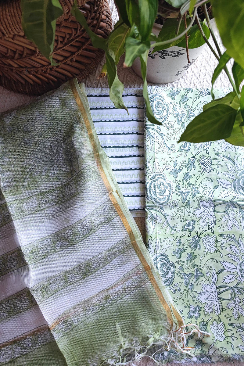 Sage Green Floral Cotton Suit Material with Kota Dupatta and Cotton Bottom