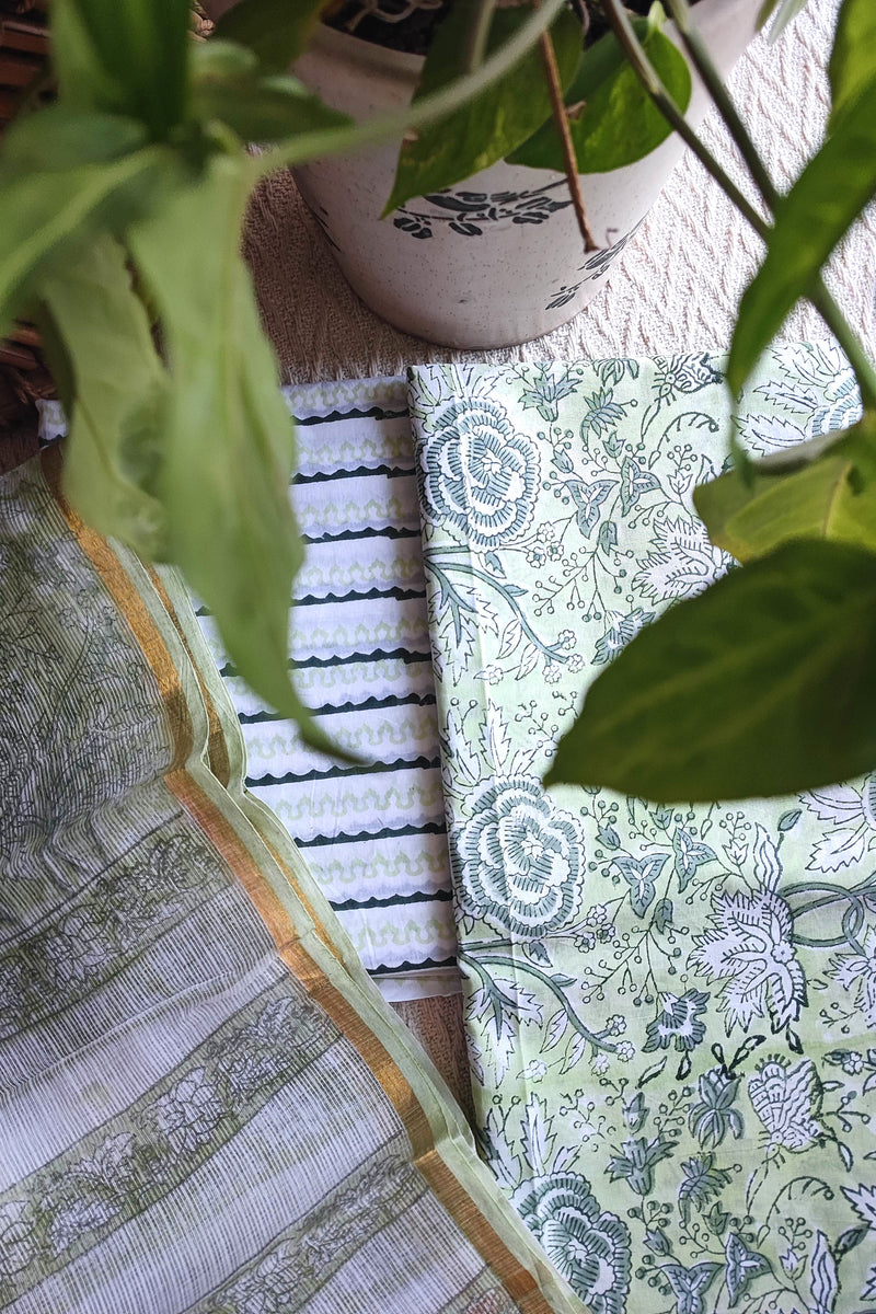 Sage Green Floral Cotton Suit Material with Kota Dupatta and Cotton Bottom