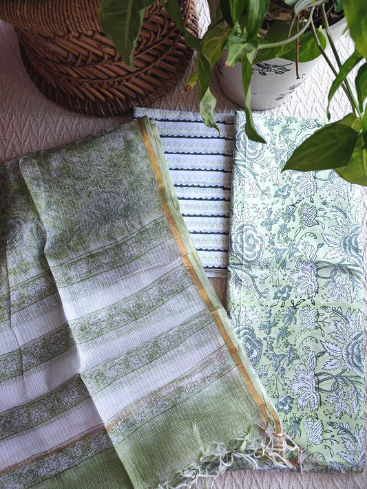 Sage Green Floral Cotton Suit Material with Kota Dupatta and Cotton Bottom