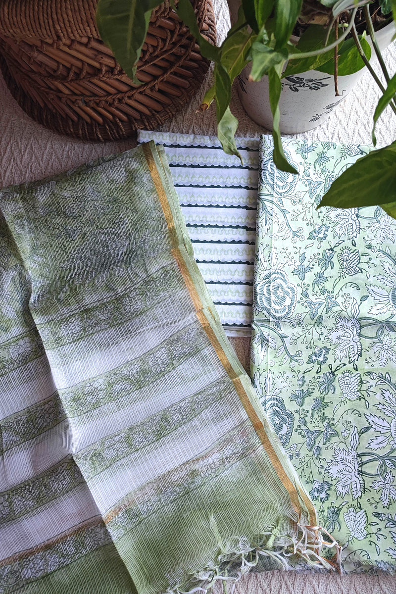Sage Green Floral Cotton Suit Material with Kota Dupatta and Cotton Bottom