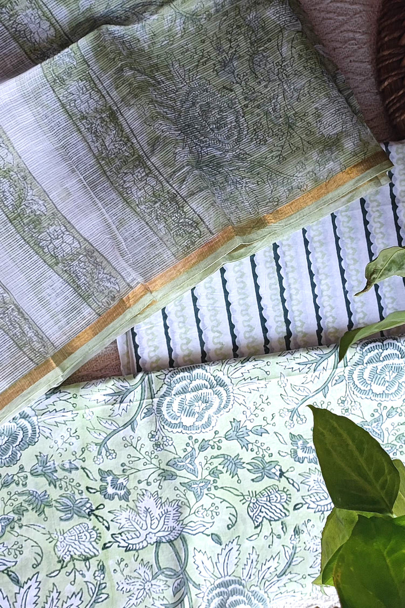 Sage Green Floral Cotton Suit Material with Kota Dupatta and Cotton Bottom