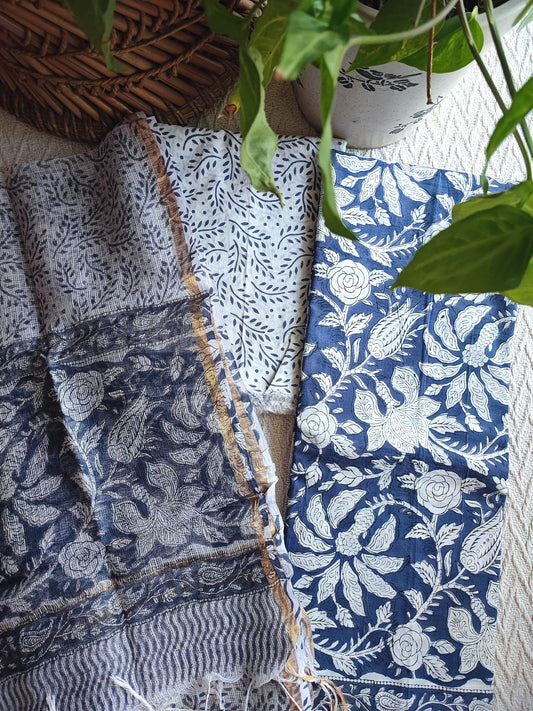 Indigo Blue Floral Printed Cotton Suit Material with Kota Dupatta and Cotton Bottom