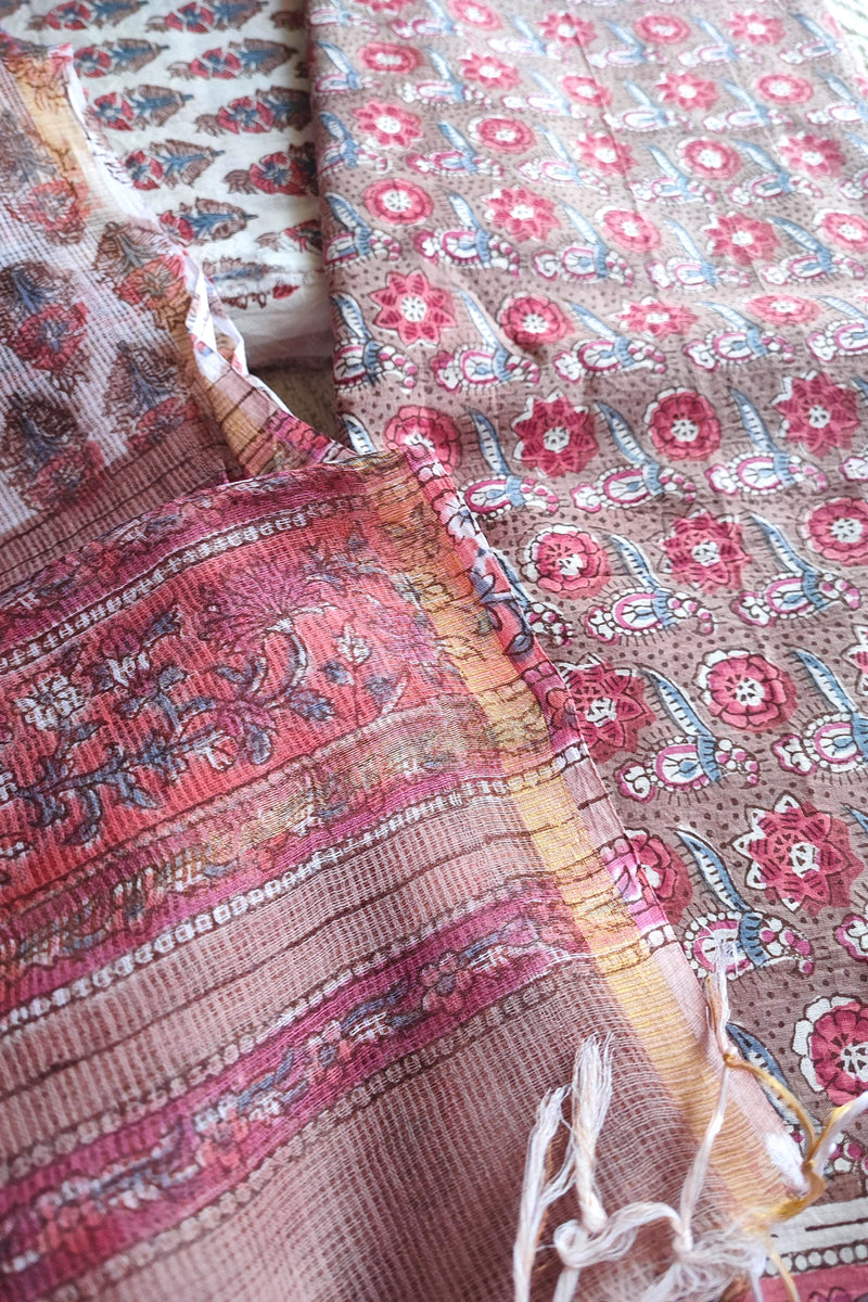 Dusty Rose Printed Cotton Suit Material with Kota Dupatta and Cotton Bottom