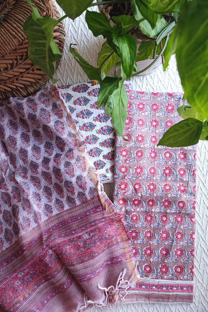 Dusty Rose Printed Cotton Suit Material with Kota Dupatta and Cotton Bottom