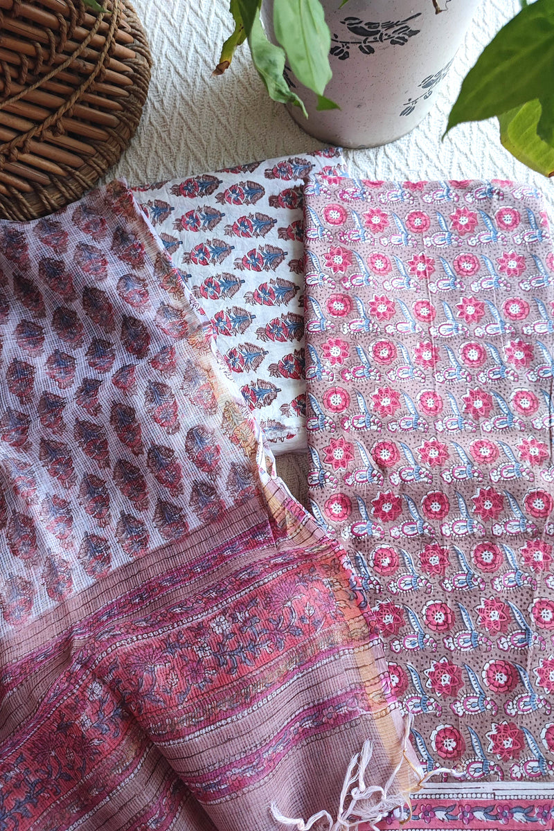 Dusty Rose Printed Cotton Suit Material with Kota Dupatta and Cotton Bottom