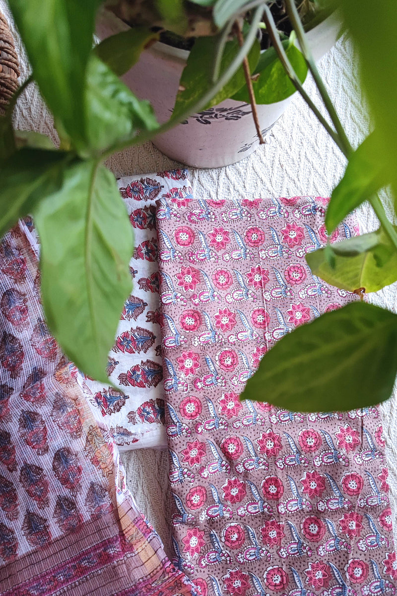 Dusty Rose Printed Cotton Suit Material with Kota Dupatta and Cotton Bottom