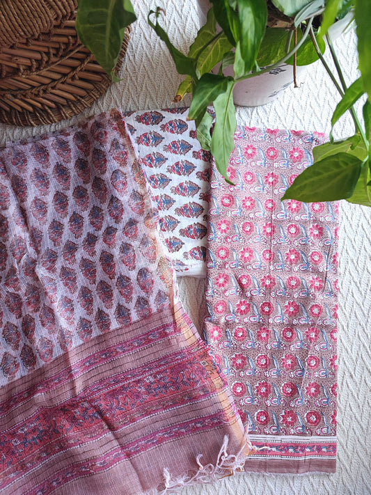 Dusty Rose Printed Cotton Suit Material with Kota Dupatta and Cotton Bottom