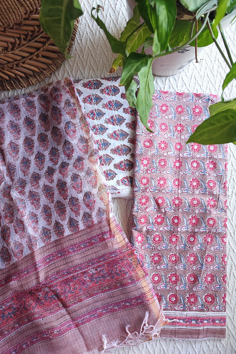 Dusty Rose Printed Cotton Suit Material with Kota Dupatta and Cotton Bottom