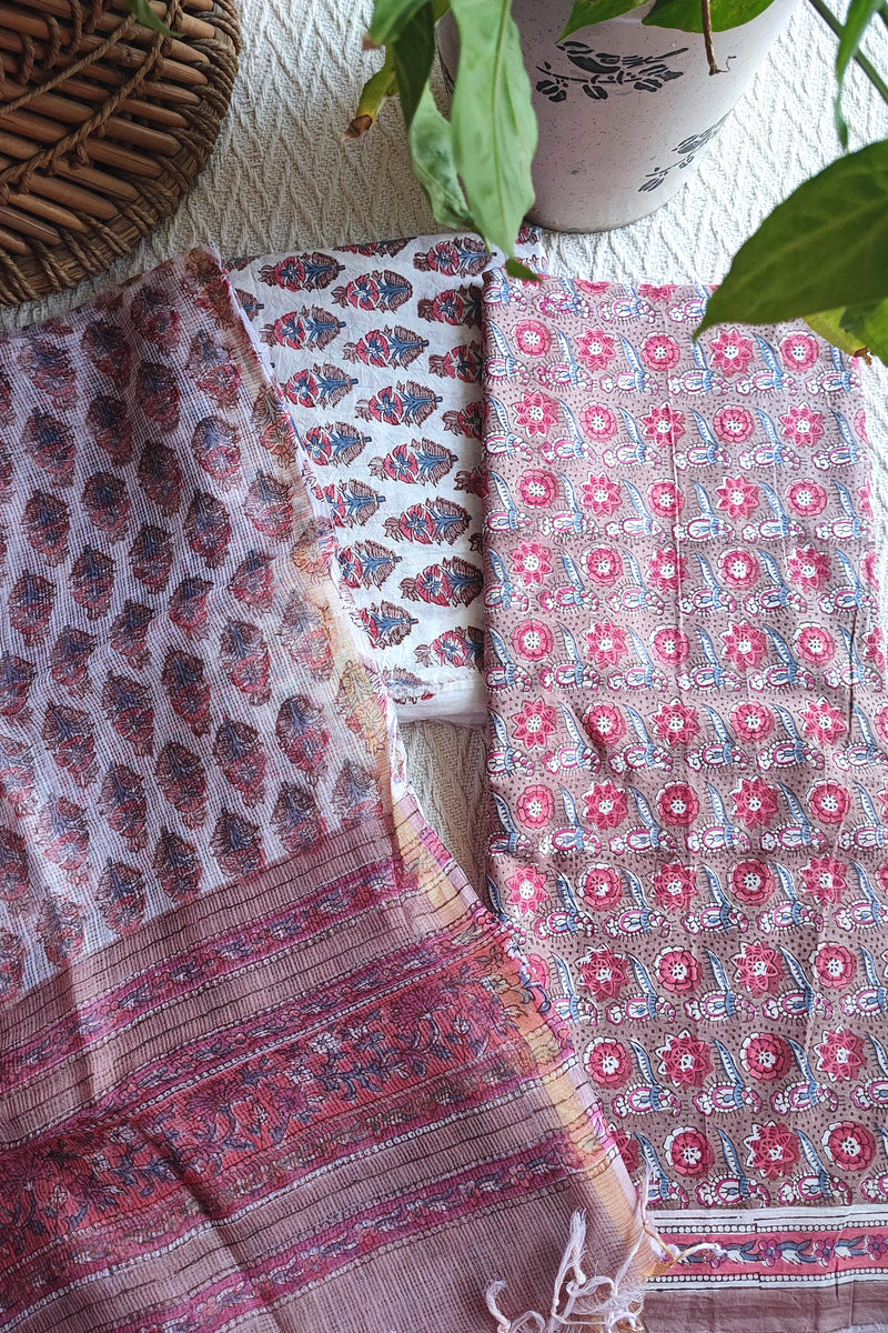 Dusty Rose Printed Cotton Suit Material with Kota Dupatta and Cotton Bottom