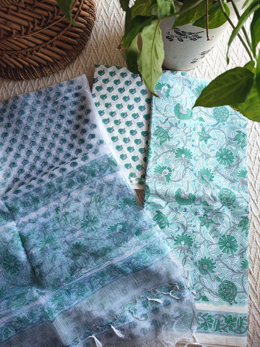 Aqua Green Floral Printed Cotton Suit Material with Kota Dupatta and Cotton Bottom