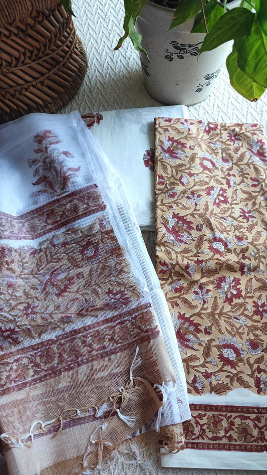 Beige Rust Floral Printed Cotton Suit Material with Kota Dupatta and Cotton Bottom
