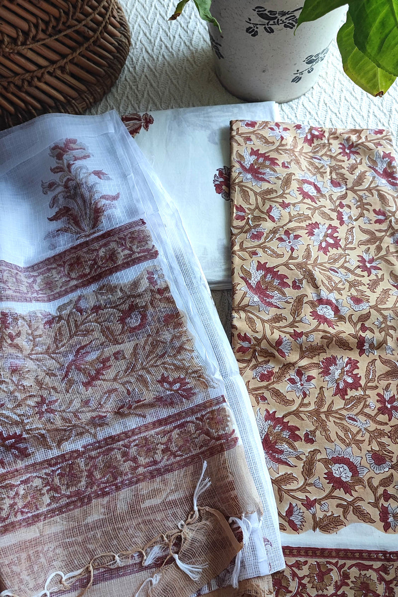 Beige Rust Floral Printed Cotton Suit Material with Kota Dupatta and Cotton Bottom
