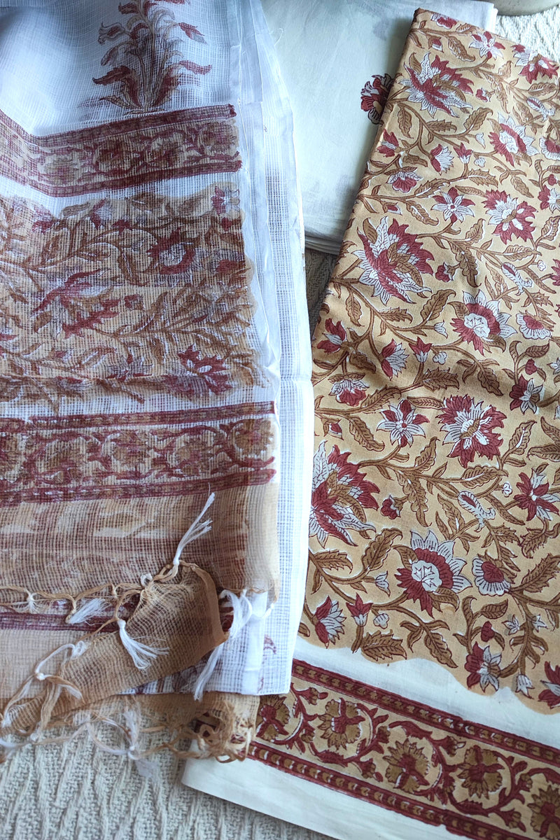 Beige Rust Floral Printed Cotton Suit Material with Kota Dupatta and Cotton Bottom