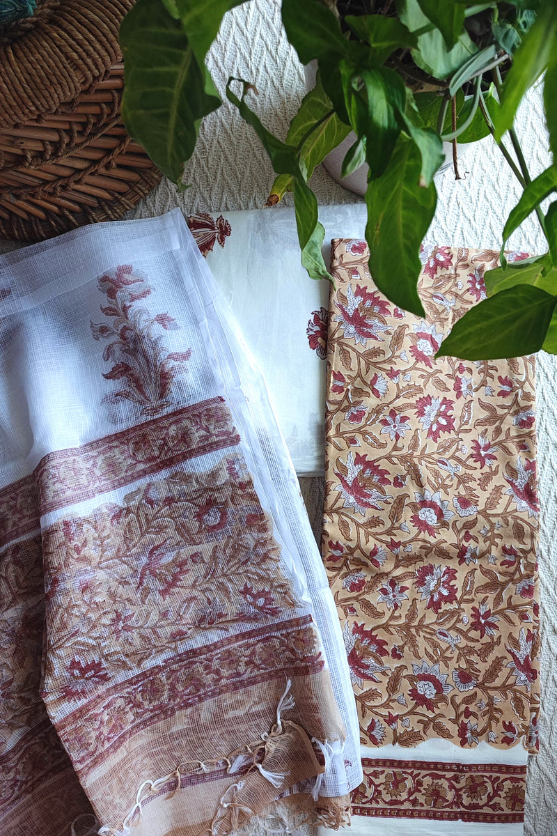 Beige Rust Floral Printed Cotton Suit Material with Kota Dupatta and Cotton Bottom