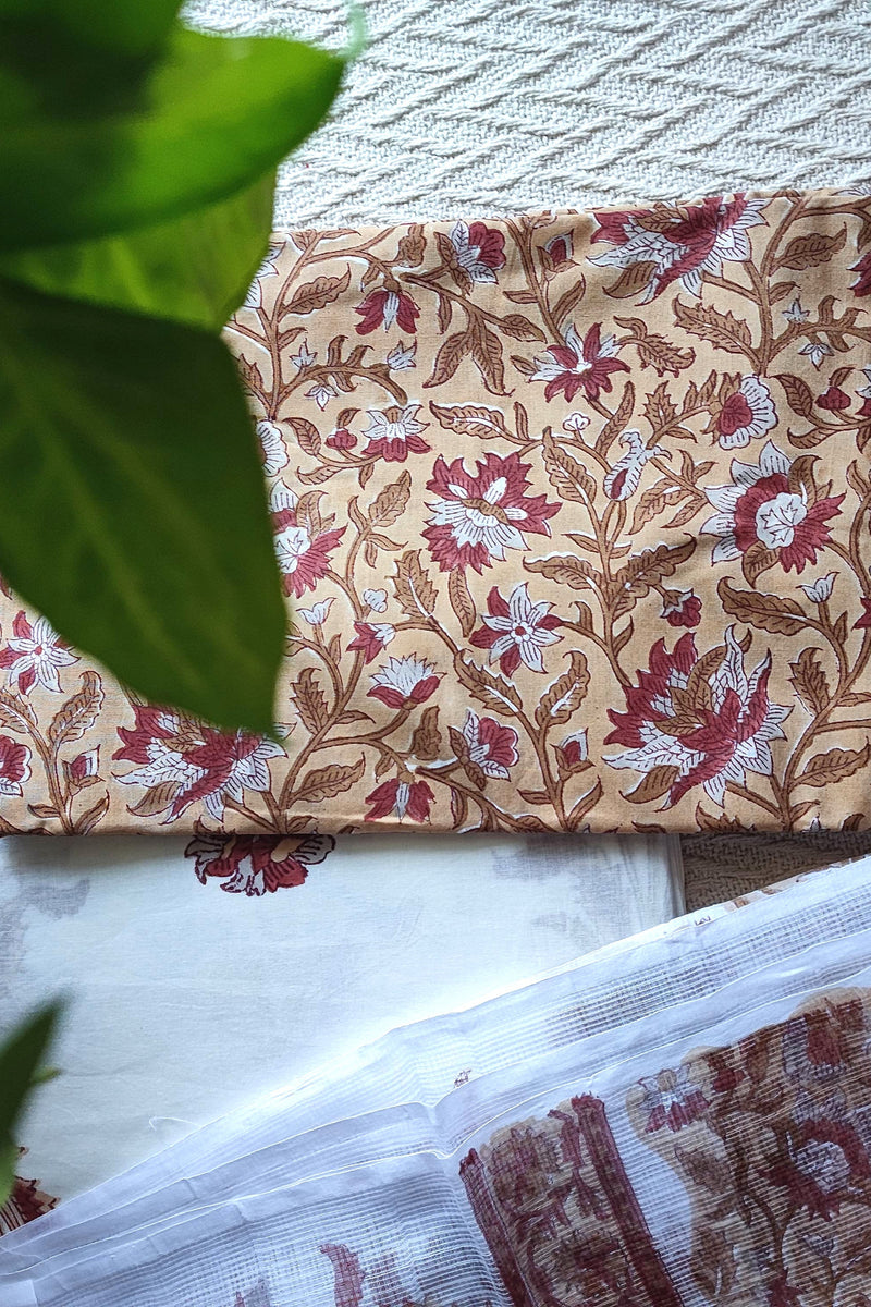 Beige Rust Floral Printed Cotton Suit Material with Kota Dupatta and Cotton Bottom