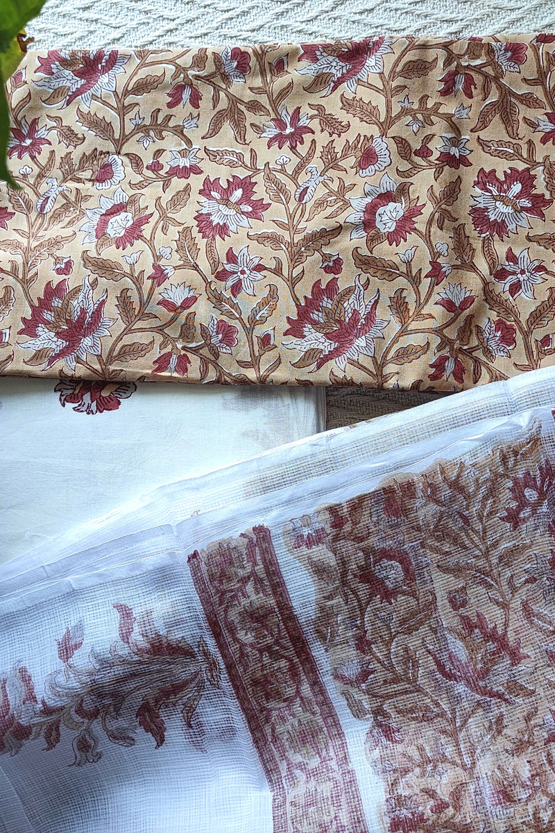 Beige Rust Floral Printed Cotton Suit Material with Kota Dupatta and Cotton Bottom