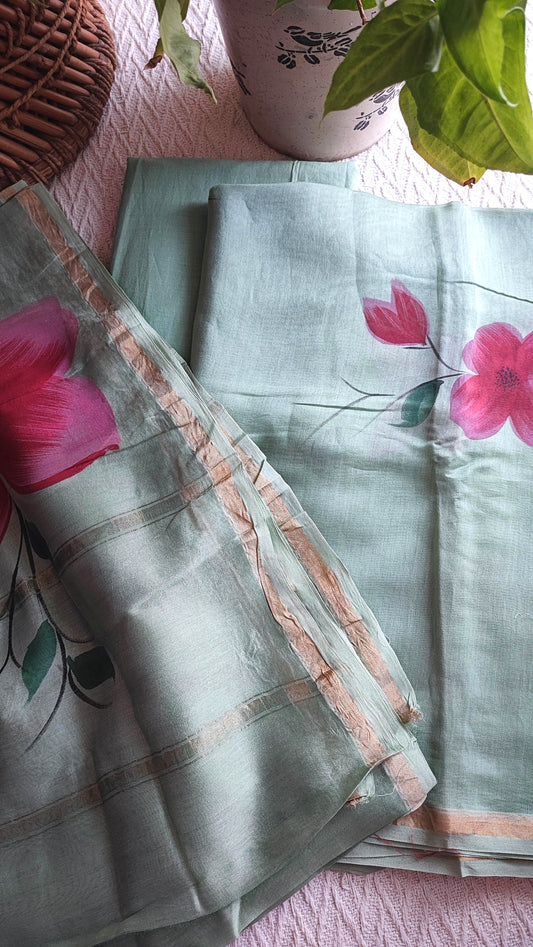 Sage Green Floral chanderisilk Suit Material with Printed Dupatta and Bottom