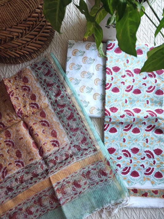 Aqua Blue Floral Printed Cotton Suit Material with Kota Dupatta and Cotton Bottom