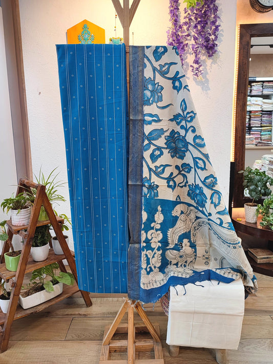 Teal Blue Pure Cotton Handloom Suit Material with Cotton Bottom and Kalamkari Print Cotton Silk Dupatta – Floral & Elephant Motif