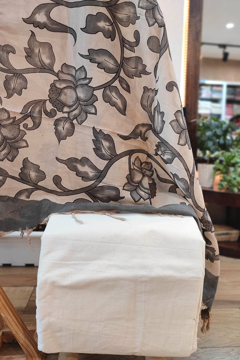 Grey Pure Cotton Handloom Suit Material with Cotton Bottom and Grey Floral Kalamkari Print Cotton Silk Dupatta