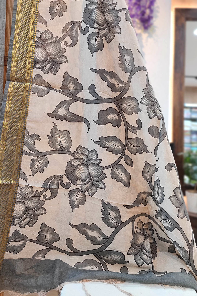 Grey Pure Cotton Handloom Suit Material with Cotton Bottom and Grey Floral Kalamkari Print Cotton Silk Dupatta