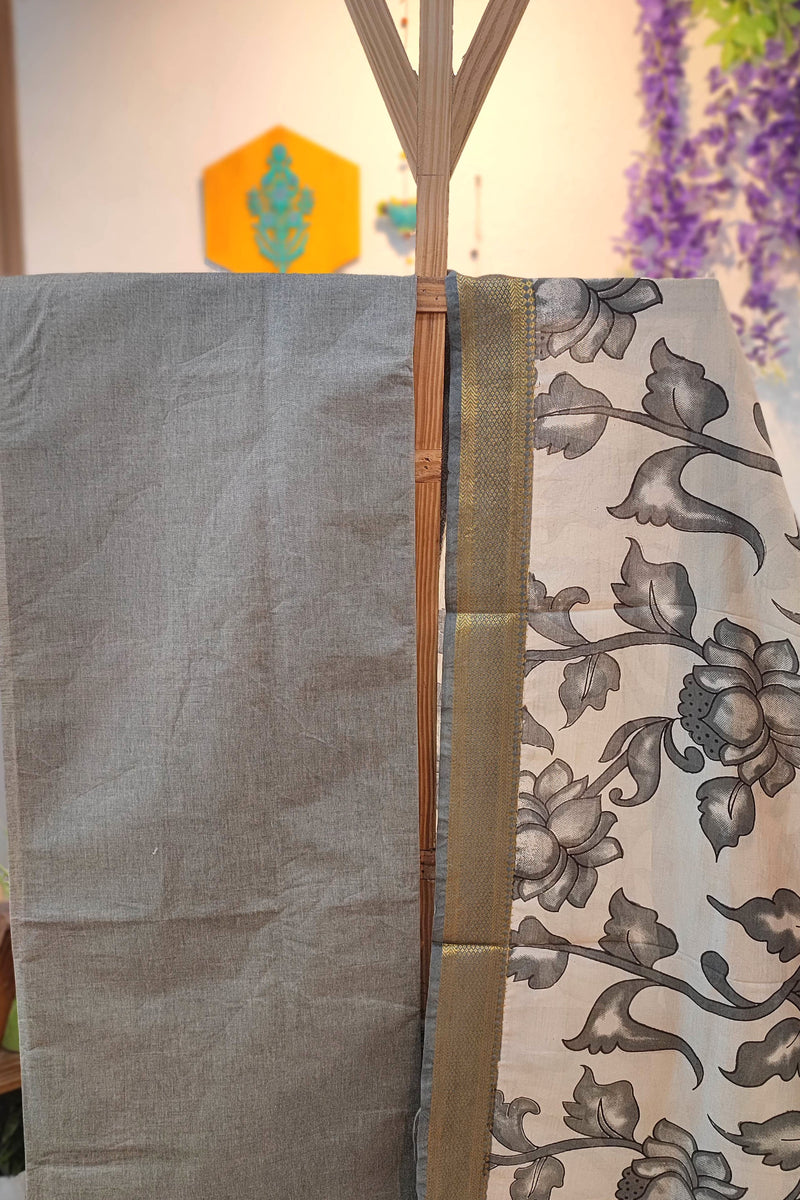 Grey Pure Cotton Handloom Suit Material with Cotton Bottom and Grey Floral Kalamkari Print Cotton Silk Dupatta