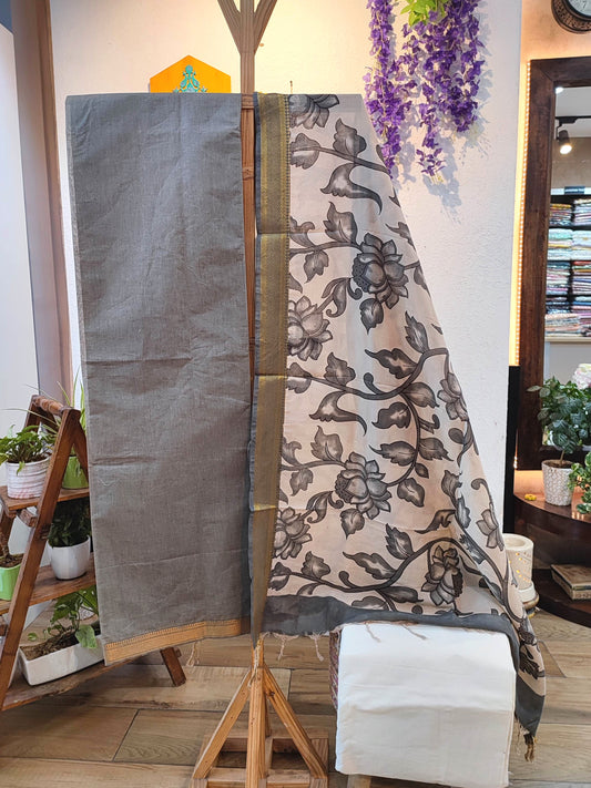 Grey Pure Cotton Handloom Suit Material with Cotton Bottom and Grey Floral Kalamkari Print Cotton Silk Dupatta