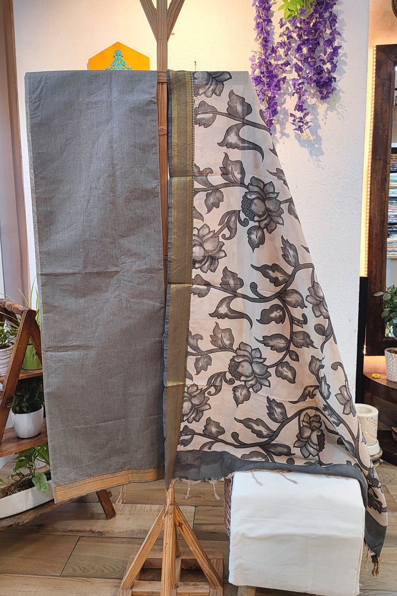 Grey Pure Cotton Handloom Suit Material with Cotton Bottom and Grey Floral Kalamkari Print Cotton Silk Dupatta