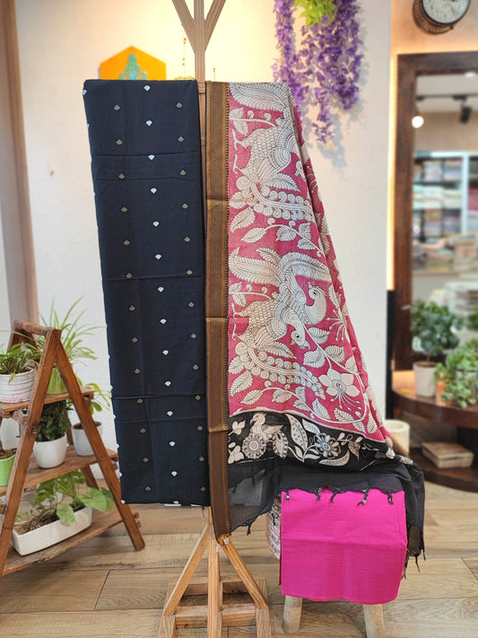 Black Pure Cotton Handloom Suit Material with Cotton Bottom and Pink Kalamkari Print Cotton Silk Dupatta – Peacock Motif