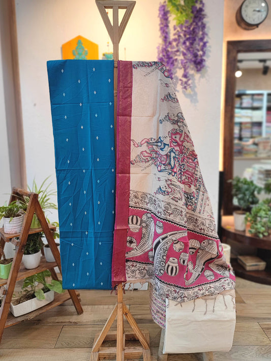 Teal Blue Pure Cotton Handloom Suit Material with Cotton Bottom and Kalamkari Print Cotton Silk Dupatta – Mythological Design