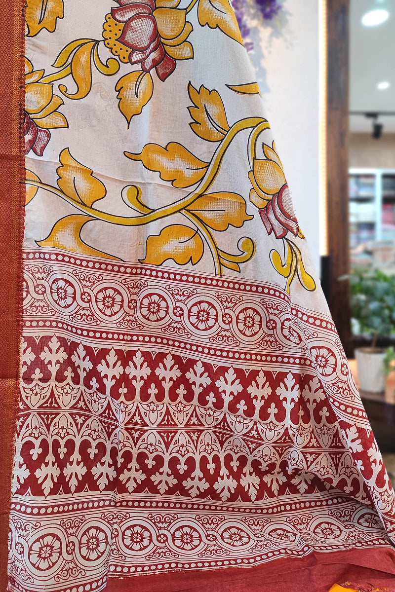 Maroon Handloom Cotton Suit Material with Kalamkari Cotton Silk Dupatta