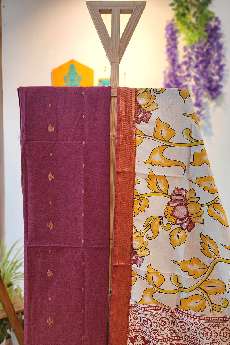 Maroon Handloom Cotton Suit Material with Kalamkari Cotton Silk Dupatta
