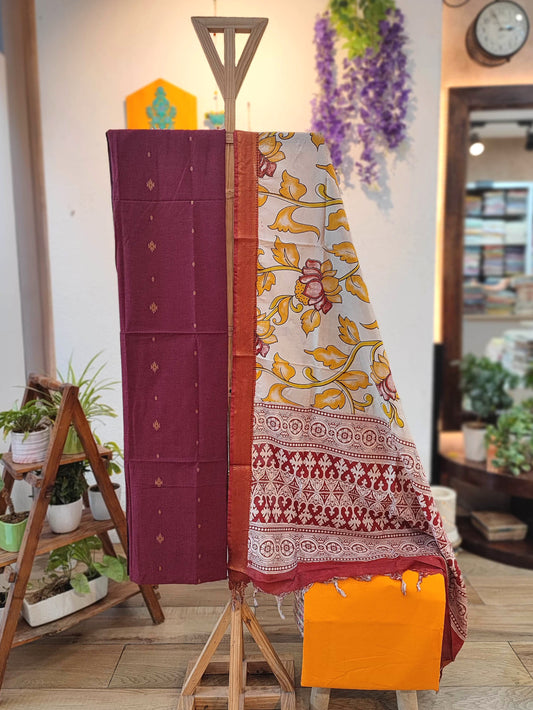 Maroon Handloom Cotton Suit Material with Kalamkari Cotton Silk Dupatta