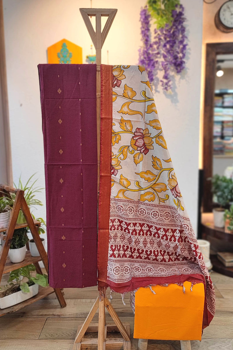 Maroon Handloom Cotton Suit Material with Kalamkari Cotton Silk Dupatta
